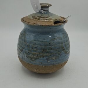 Artist Pottery Handmade Blue Glazed Honey Jar with Lid and Spoon